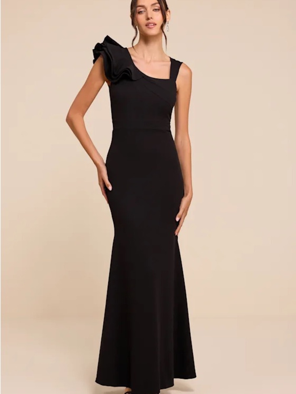 Lulus Black Shoulder Ruffle Evening Gown